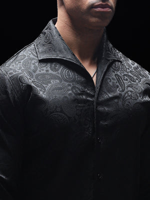 Black Paisley Jacquard Lapel Collar Shirt