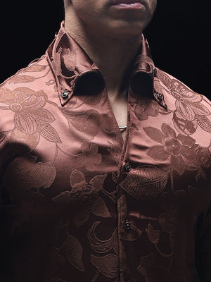 Mud Brown Floral Jacquard Cooper Collar Shirt