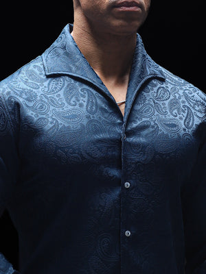 Blue Paisley Jacquard Lapel Collar Shirt