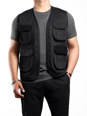 Black Front Open Cargo Vest