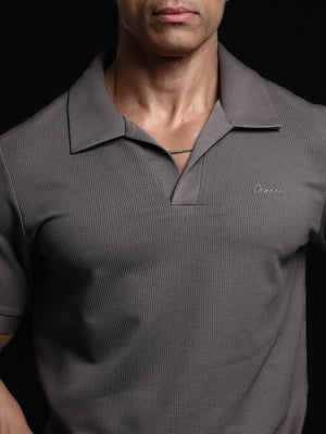 Grey Open Collar Textured Polo T-Shirt