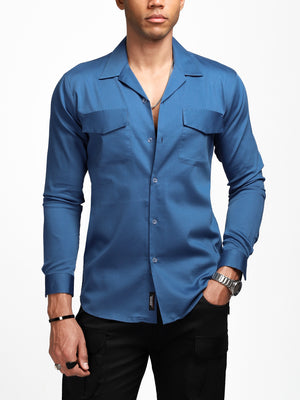 Luxe Blue Stretch Cuban  Shirt