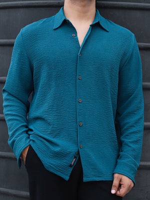 Teal Blue Crease Effect Relaxed Shirt