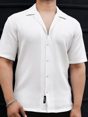 White Crinkle Textured Relaxed Cuban Shirt