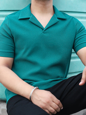 Green Crinkle Textured Cuban Collar Polo