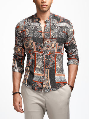 Stone Paisley Print Mandarin Shirt