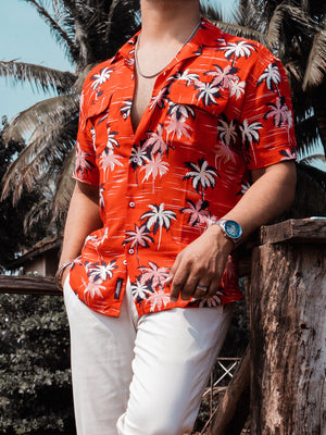 Red Tropical Print Cuban Shirt